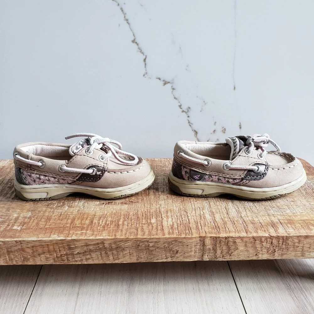 Sperry Kids Songfish Boat Shoe Toddler 5.5 Tan Pink Cheetah Bluefish Memory Foam
